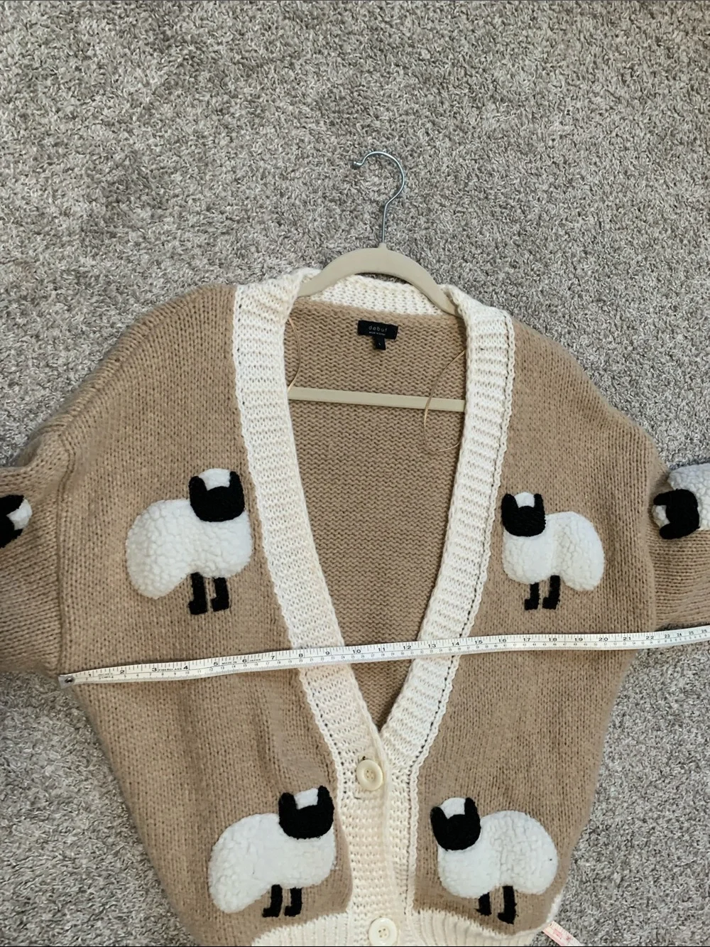 debut Beige Sheep Appliqué V-Neck Cardigan Sweater with Cream Trim - Picture 7 of 7
